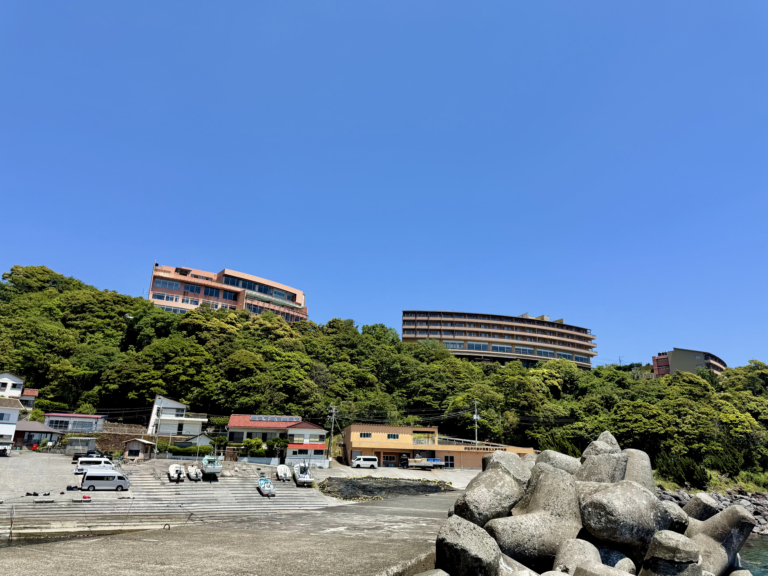 赤沢漁港から見た赤沢温泉ホテルと日帰り温泉