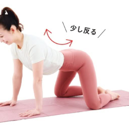 【1】四つん這いになり、膝を肩幅に広げ、つま先同士をつける。