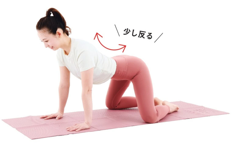 【1】四つん這いになり、膝を肩幅に広げ、つま先同士をつける。