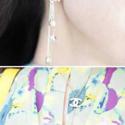 「シャネルのネックレスとピアスは揺れ感が綺麗。優美な雰囲気とともに顔まわりを明るく見せてくれるので、きれいめ感を加味したいときに重宝しています」