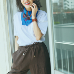 Tシャツ¥13,200／スローン（ザ ショップ スローン 神戸）、パンツ¥5,290、スカーフ¥3,590／ともにザラ（ザラ カスタマーサービス）、ネックレス¥19,800／シルコ（アッシュ・ペー・フランス）、ブレスレット¥31,900／シーエックスシー（アマン）