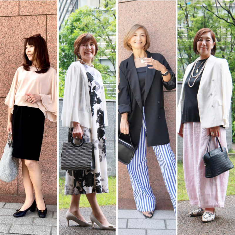 【50代スナップ4選】「ジャケット」「ワンピース」が大人エレガントのカギ!顔まわりがぱっと華やぐ大人のアクセ使いにも注目!
