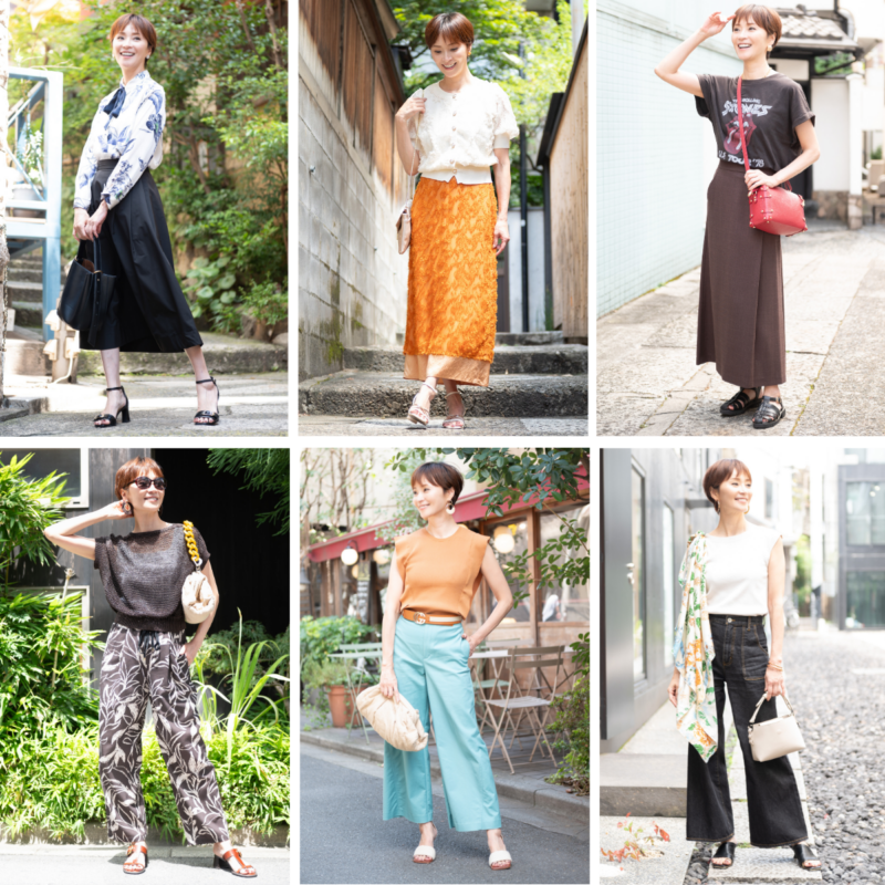 【50代夏コーデ6選】夏の旅行やお出かけに!「夏色」「柄アイテム」「小物」でいつもの着こなしを格上げする大人の夏コーデ6選