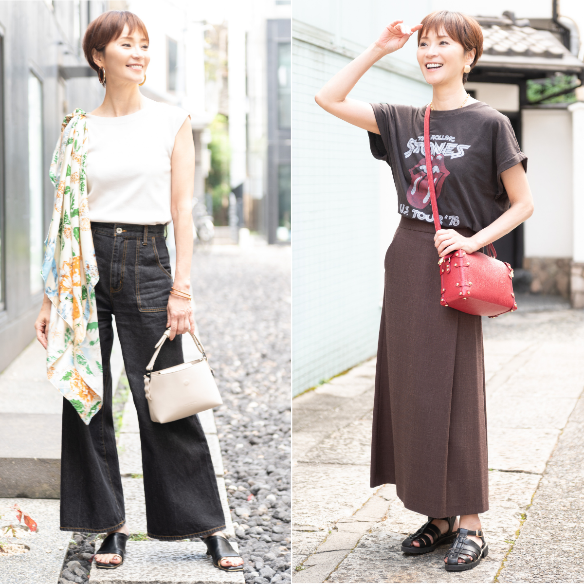 「赤バッグ」＆「大判スカーフ」が効く！いつもの服が劇的に垢抜ける大人コーデ2選