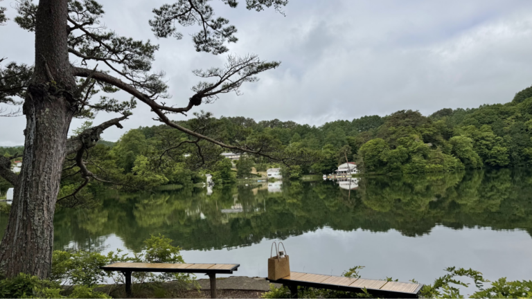 湖面に景色が映り込んだ、松原湖の景色。