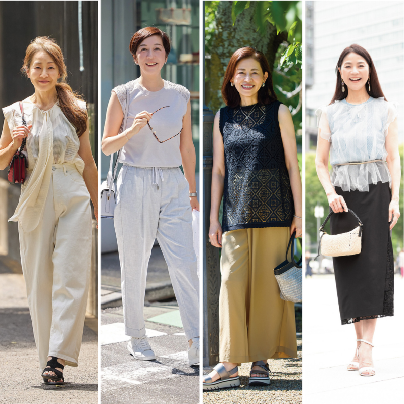 【50代・60代スナップ】大人女性の涼やかかつ快適な夏コーデ4選。この夏マネしたい素材選びや色合わせのコツをチェック！