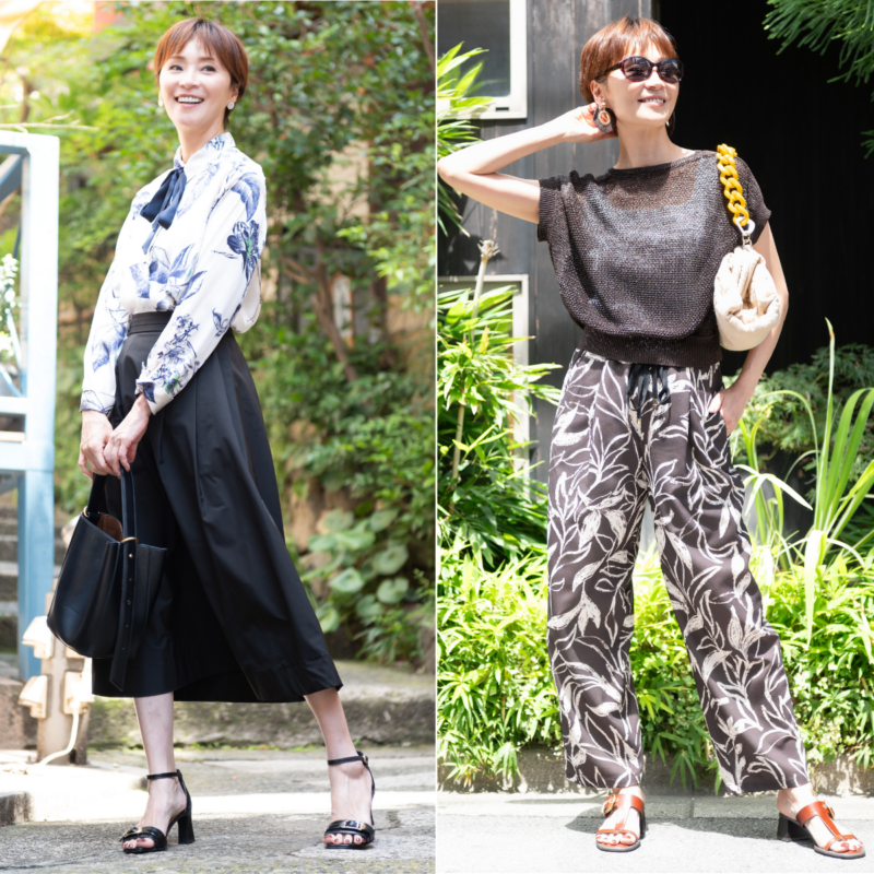 【50代の夏柄】大柄はどう着るのが正解?お出かけで褒められる「柄パンツ」&「柄ボウタイブラウス」着こなし術【6日間コーデDay3・Day4】