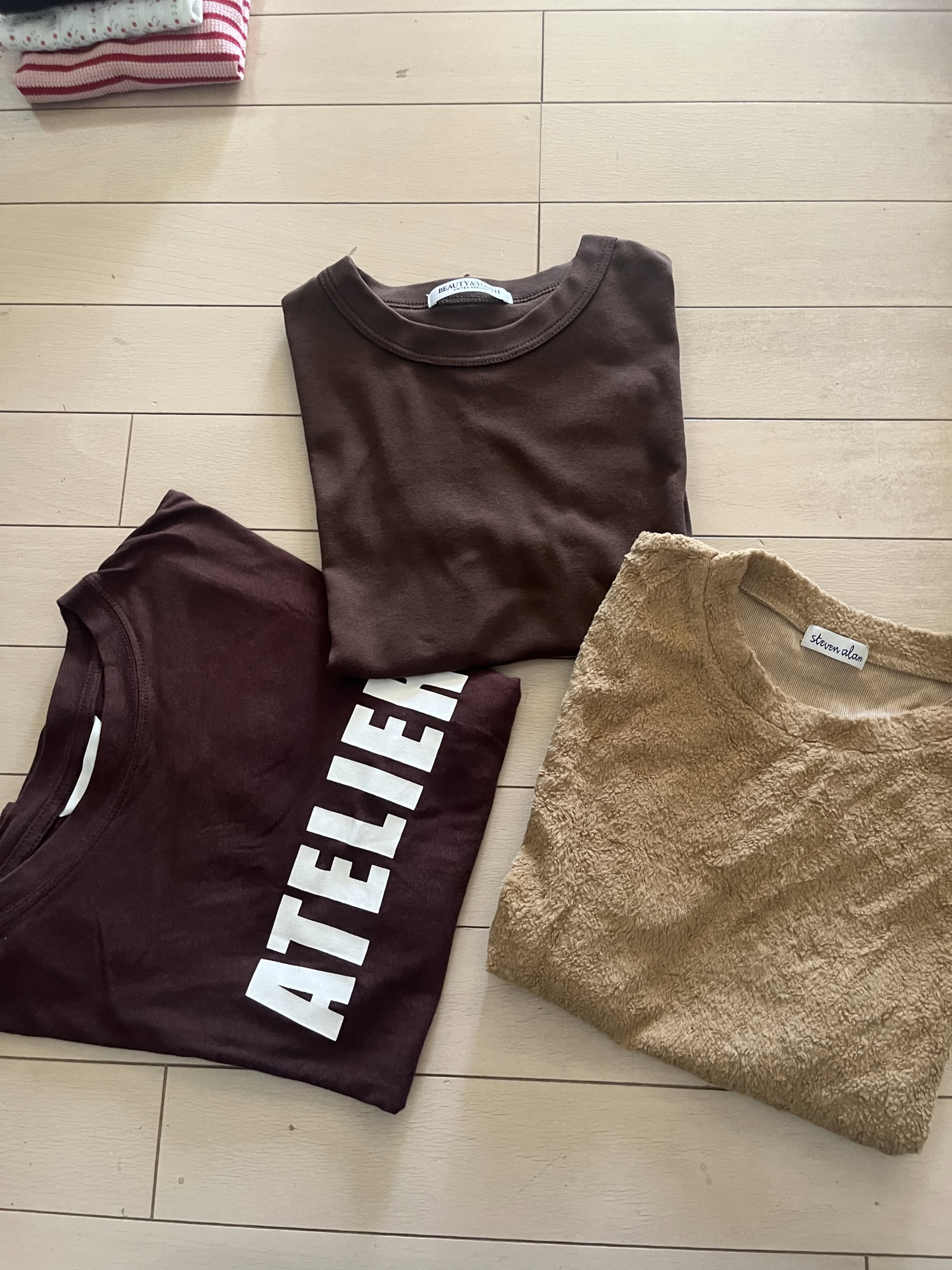 秋色ブラウンの半袖Tシャツ。 右は「スティーブンアラン」、ロゴTは「H&M」、中央上は「ユナイテッドアローズ」のもの。