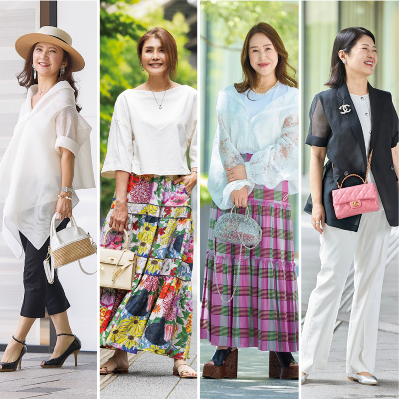 【東西スナップ】60代のおしゃれ上手4人に学ぶ「大人の着映えバランス」シアー素材とふんわりスカートで美シルエット！