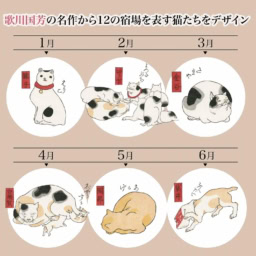 1月は張り子の猫(ハリコ→マリコ)、2月はブチ猫が寄り集まる(ヨッタブチ→ヨッカイチ)、3月は「たまや」と名前を呼ばれ顔を上げる猫(タマヤ→カナヤ)、4月は母猫にじゃれつく子猫たち(ジャラスカ →シラスカ)、5月は赤毛の猫(アカゲ →オカベ)、6月は袋に入った猫(フクロイ →袋井)