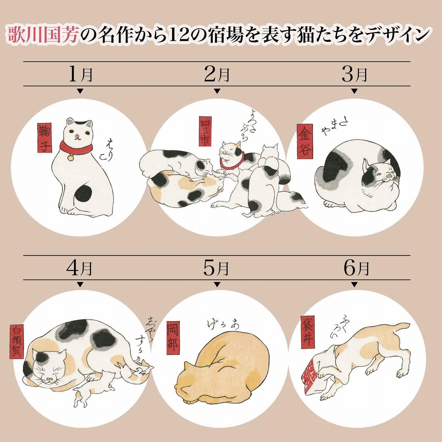 1月は張り子の猫(ハリコ→マリコ)、2月はブチ猫が寄り集まる(ヨッタブチ→ヨッカイチ)、3月は「たまや」と名前を呼ばれ顔を上げる猫(タマヤ→カナヤ)、4月は母猫にじゃれつく子猫たち(ジャラスカ →シラスカ)、5月は赤毛の猫(アカゲ →オカベ)、6月は袋に入った猫(フクロイ →袋井)