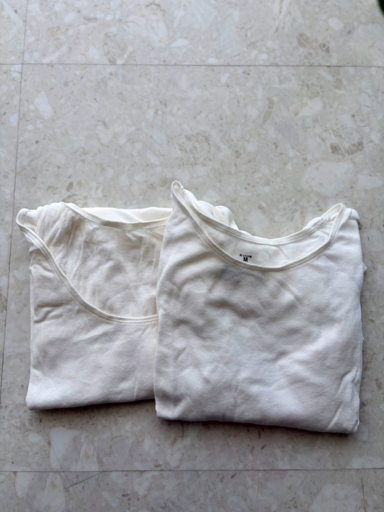 あったか綿 クルーネック長袖Tシャツ、Uネック八分袖Tシャツ 各¥1,490