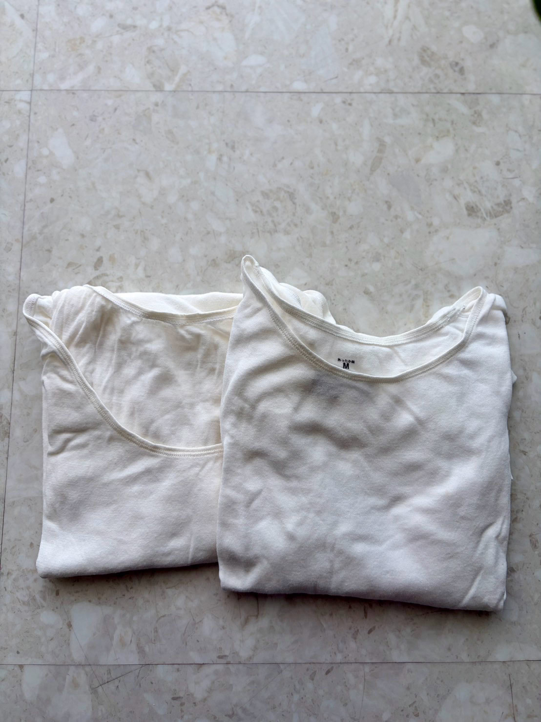 あったか綿 クルーネック長袖Ｔシャツ、Ｕネック八分袖Ｔシャツ 各￥1,490