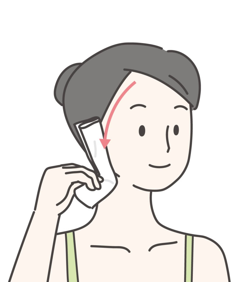 おでこから生え際をなぞるように、耳の前までティッシュをすべらせましょう。