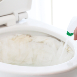 【1】トイレットペーパーを便器内に敷き詰め、トイレ用洗剤をたっぷりと吹きかける。5分ほど置き、尿や水のハネ、汚れをふやかす。