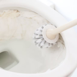 【2】ペーパーの上からトイレブラシで汚れをこすり落とし、水たまりにペーパーを入れてから水を流す。