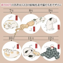 7月は眠っていて起きない猫（オキズ →オキツ）、8月は重いタコを引く猫（オモイゾ →オオイソ）、9月は顔を洗う猫（アライ →荒井）、10月は子猫を抱く母猫（ダイタカ→マイサカ）、11月は親猫と子猫の仲睦まじい様子（オヤ →ミヤ）、12月はコタツの上で丸くなった猫（コタツ →クサツ）