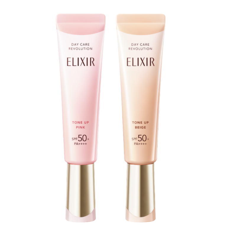 (右)エリクシール デーケアレボリューション トーンアップ BE + ca 35g ¥3,410、(左)エリクシール デーケアレボリューション トーンアップ SP+ aa 35g ¥3,410