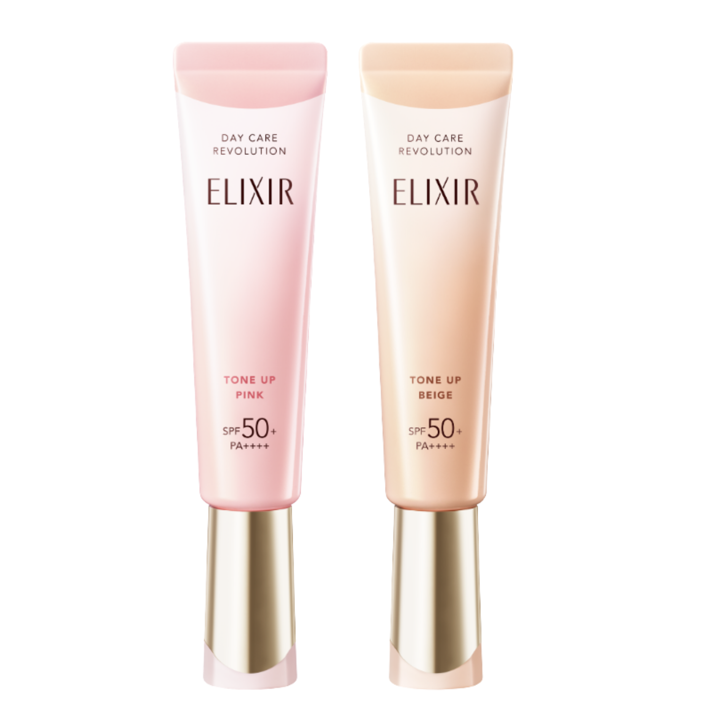 （右）エリクシール　デーケアレボリューション トーンアップ BE + ca 35g ￥3,410、（左）エリクシール　デーケアレボリューション トーンアップ SP+ aa 35g ￥3,410